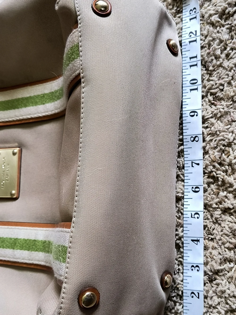 Michael Kors Beige Canvas Tote with Green Stripe and Brown Leather Trim